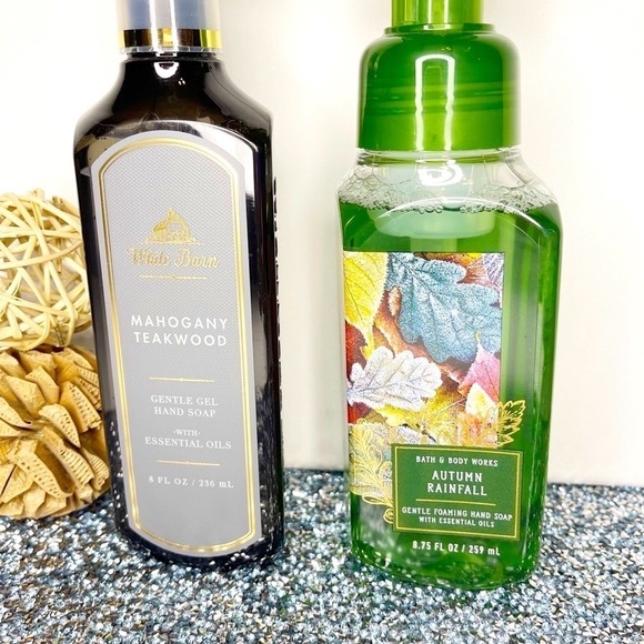 Bath & Body White Barn Hand Soap Bundle Mahogany Teakwood Autumn Rainfall NWT - Picture 2 of 3
